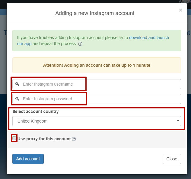 Fill the required fields. Put a tick at «Use proxy for this account»