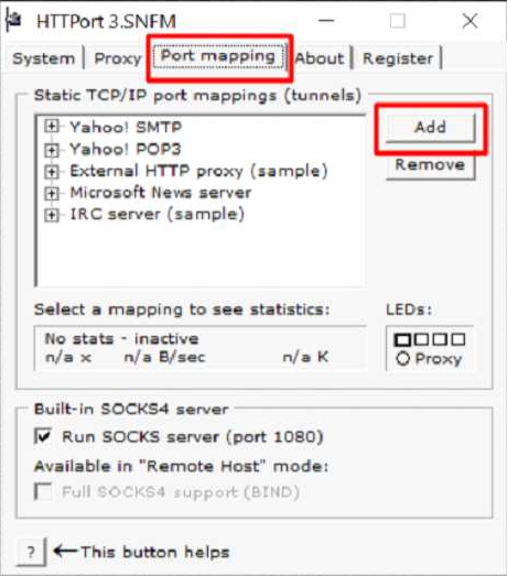 Установите программу HTTPort, запустите ее и выберите вкладку «Port Mapping». Нажмите «Add» 