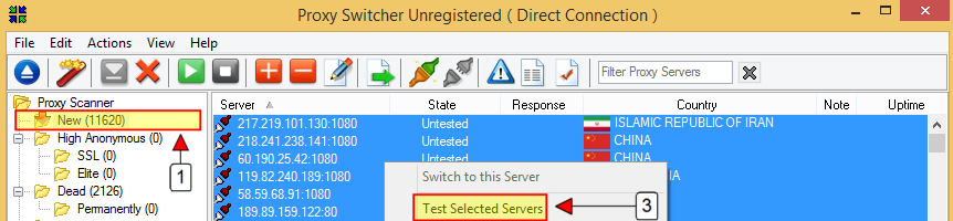 Нажмите на папку «New», выделите весь список серверов («Ctrl + A»), нажмите на этот список правой кнопкой мыши, выберите «Test Selected Servers»