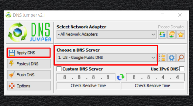 Скачайте и установите DNS Jumper. Запустите. Выберите подходящий DNS сервер, где написано «Choose a DNS Server». Нажмите «Apply DNS»