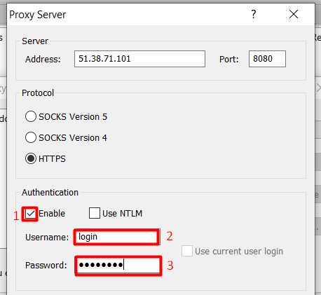 Если ваш сервер поддерживает авторизацию, тогда поставьте галочку возле «Enable» и введите логин, пароль для доступа к прокси