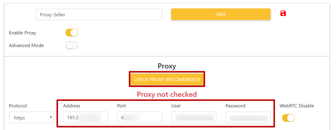 Введите адрес и порт прокси-сервера, имя пользователя и пароль. Нажмите «Check proxy (recomended)». Тумблер возле параметра «WebRTC Disable» должен быть во включенном положении