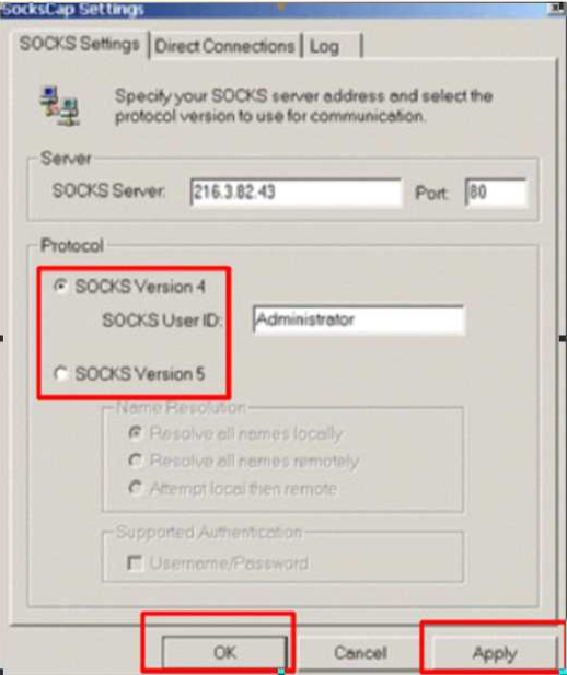 Выберите тип прокси-сервера: Socks5 или Socks4. Нажмите «Apply» и «ОК»