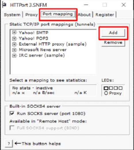 Выберите в программе HTTPort вкладку «Port Mapping» и нажмите «Add»