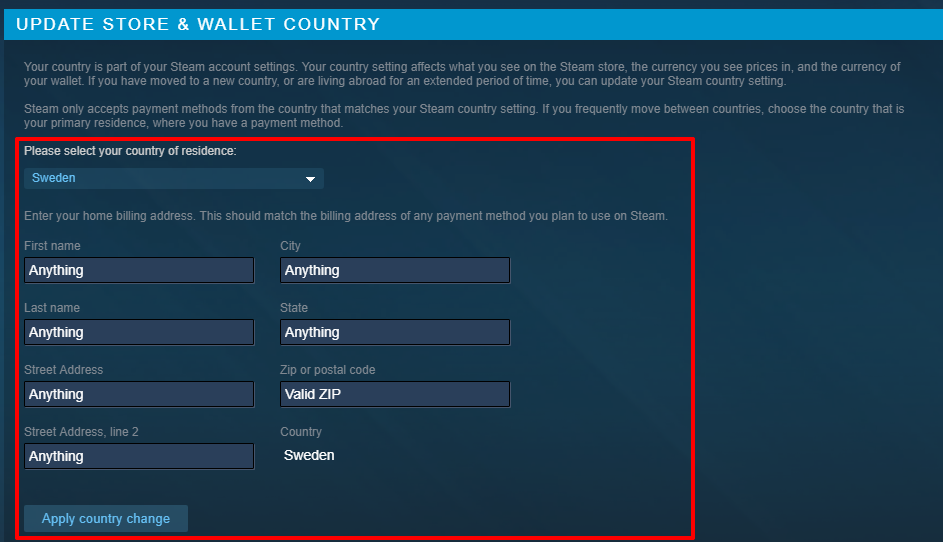 Change currency, region, and country in the Steam Store
