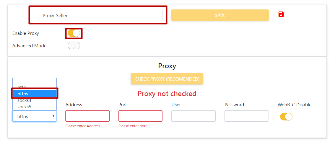 Выберите новое имя профиля, переведите тумблер возле параметра «Enable Proxy» во включенное положение. Выберите тип прокси HTTPS